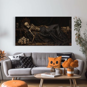 Eternal Slumber, Framed Canvas Print, Creepy Victorian Oil Painting, Halloween Art Prints, The Sleeping Skeleton Painting