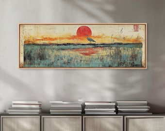 Blue Marsh Heron Red Sun Wall Art, Japanese Inspired Landscape Print, Coastal Wetlands Decor, Serene Bedroom Wall Decor Print