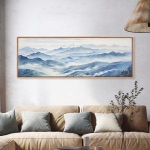 Blue Ridge Mountains, Canvas Wall Art, National Park Poster, Extra Large Horizontal Print, Panoramic Watercolor Minimalist Landscape Art