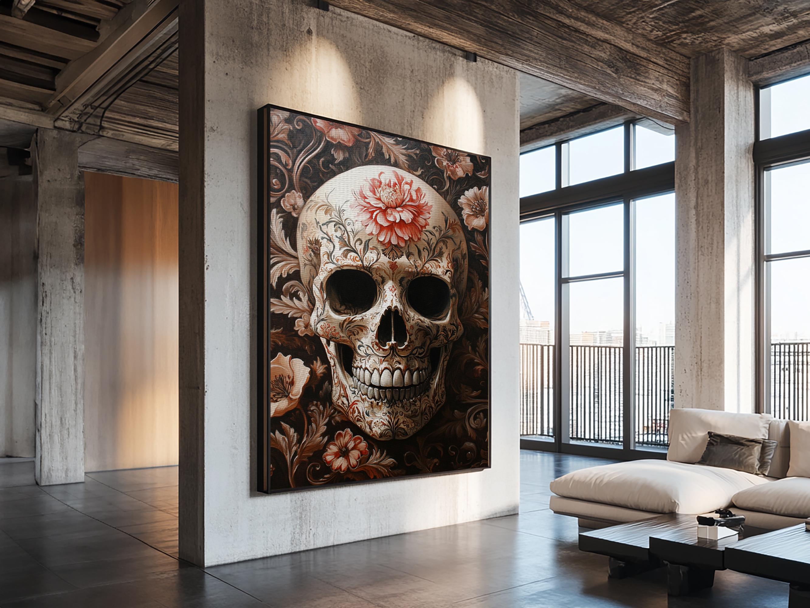 Skull Art Framed Canvas Print with Floral Botanical Prints in