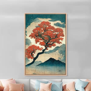 Japanese maple tree canvas print, vintage style wall art, woodblock print style wall art, unique abstract wall art, tree art