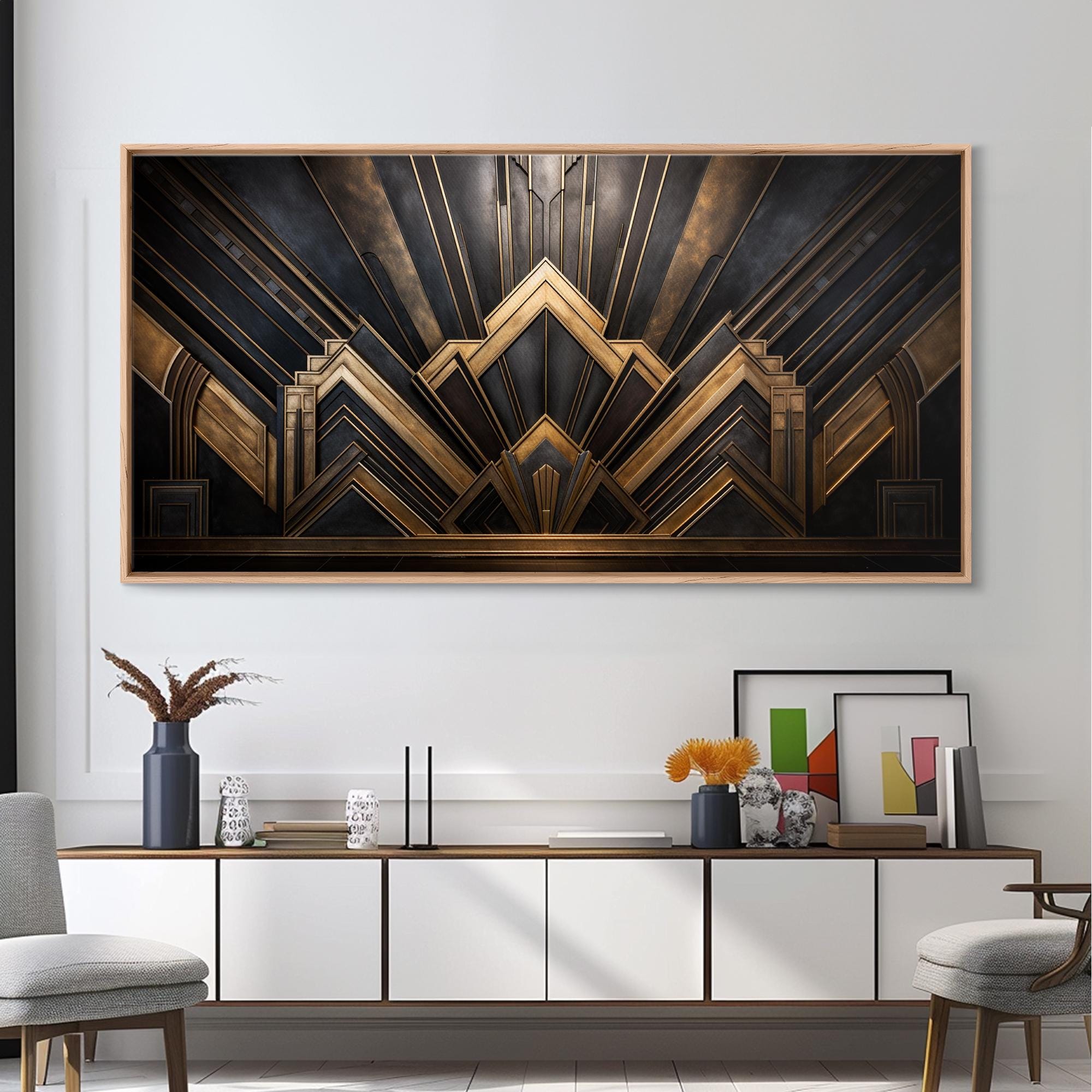 Black and Gold Art Deco Wall Art, Framed Canvas Print, 1920s Art