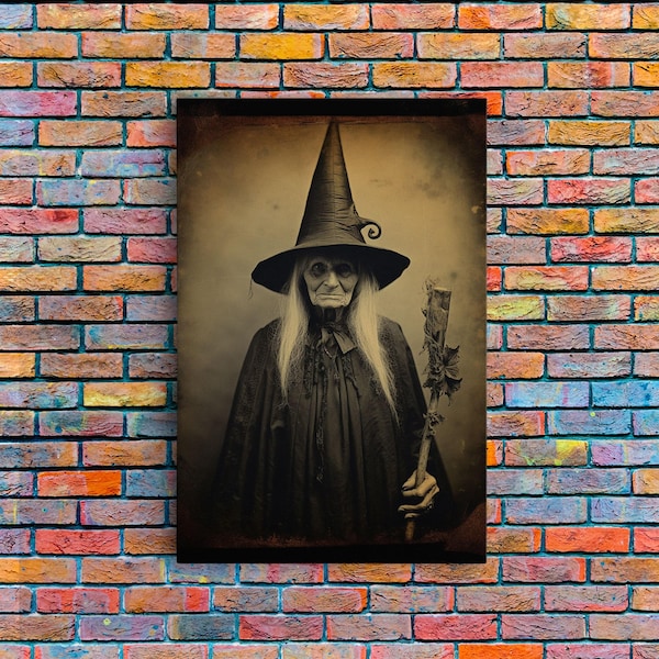 The Old Witch Portrait, Witchy Art, Portrait of a Victorian Witch, Daguerreotype, Framed Canvas Print, Halloween Wall Art, Halloween Canvas