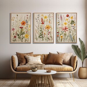 Framed Canvas Wall Art Set, 3 Piece Art, Watercolor Wildflowers Floral ...