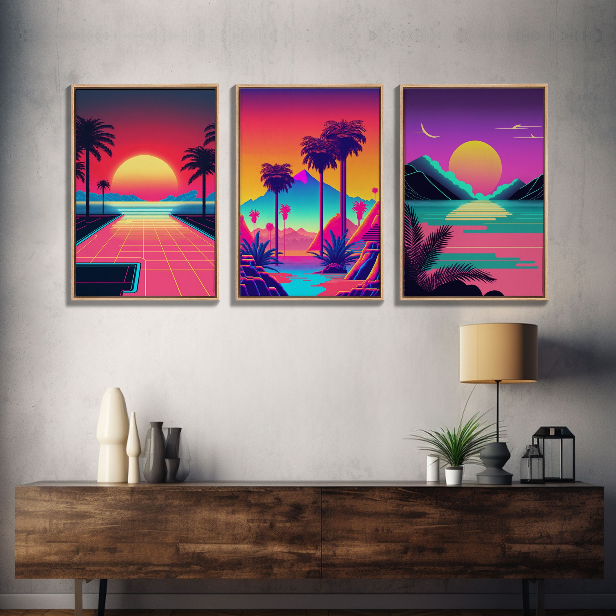 Retro 80s Style Art, 3 Panel Framed Canvas Prints, Canvas