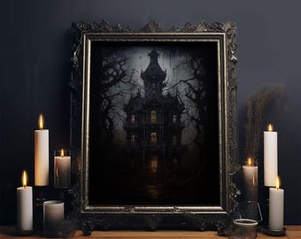 The Haunted House, Framed Canvas Art, Painting Of Haunted Victorian Mansion, Dark Academia, Halloween Decorations, Halloween Art