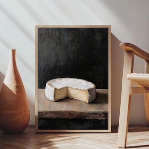 Wheel Of Cheese Painting Print, Brie Cheese Art, Cheese Painting, Cheese Still Life Oil Painting, Cheese Painting, Rustic Kitchen Decor