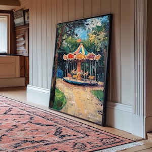Carrousel Wall Art Framed Canvas Print, Oil Painting Carrousel, Circus Decor, Nursery Decor, Kid&#39;s Room Wall Art