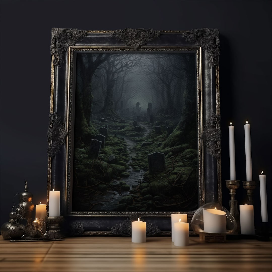 Haunted Cemetery, Macabre Halloween Art, Dark Arts, Framed Canvas Print ...