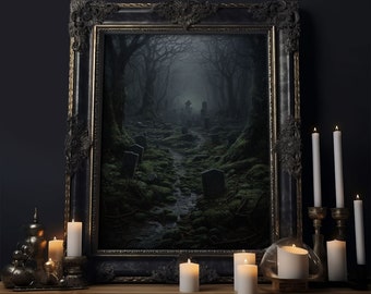 Haunted Cemetery, Macabre Halloween Art, Dark Arts, Framed Canvas Print, Graveyard At Midnight, Spooky Halloween Art