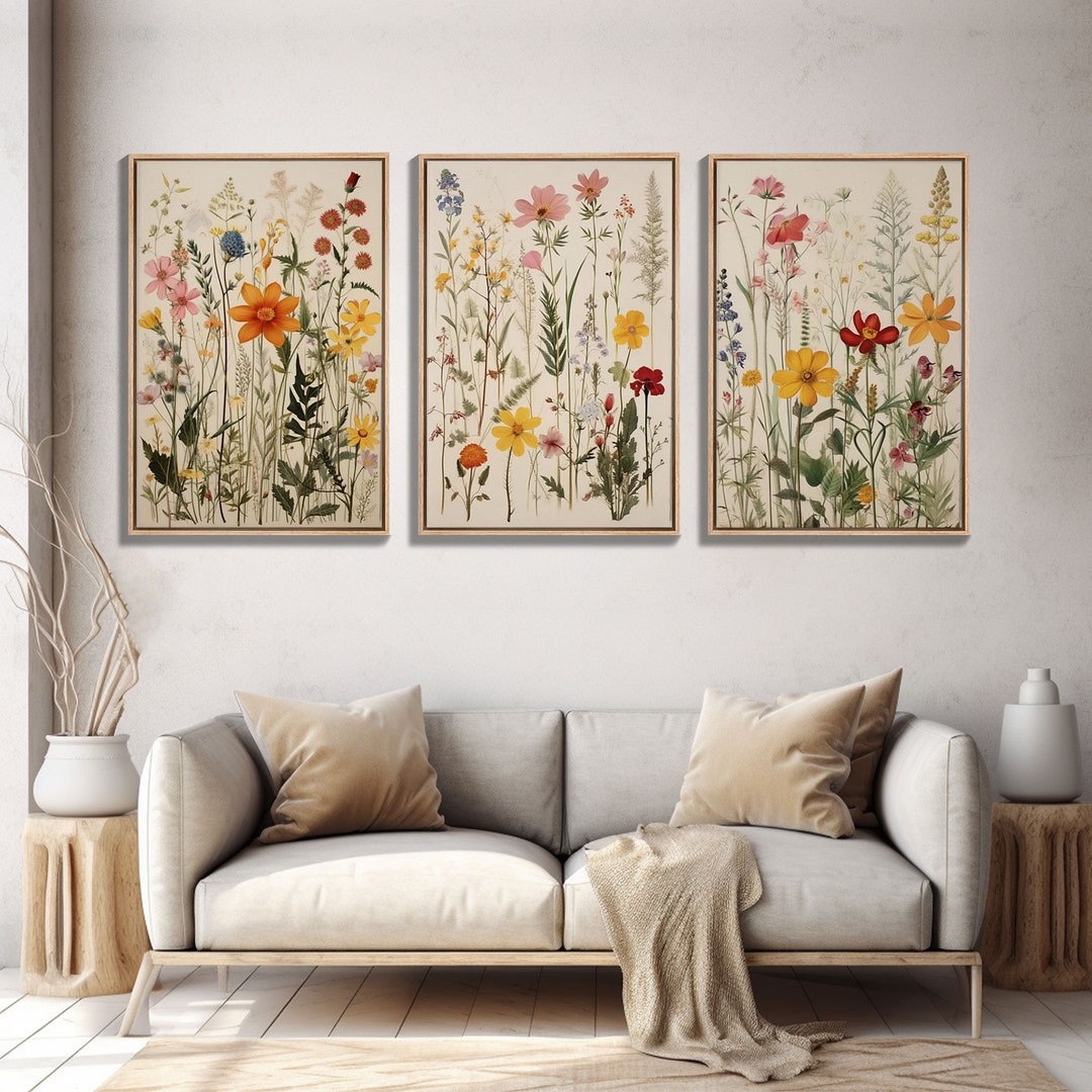 Boho Framed Canvas Wall Art Set, 3 Piece Art, Watercolor Wildflowers ...