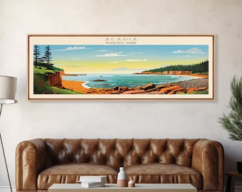 Acadia National Park, Panoramic Maine Travel Art, National Park Print, Minimalist Travel Art, Midcentury Modern Style Landscape