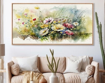 Abstract Watercolor Wildflower Meadow Painting, Canvas Print, Colorful Botanical Art Prints, Abstract flower Art, Extra Large Painting
