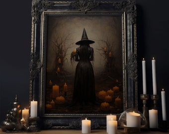Vintage Halloween Witch Art, Halloween Canvas Printed / Framed Canvas, Witchy Decor, Witchcraft, Dark Academia Macabre Goth Art