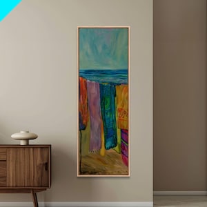 Colorful Laundry on Beach Landscape Art Print, Vertical Oversized Living Room Canvas Print Framed, Framed Wall Art for Laundry Room