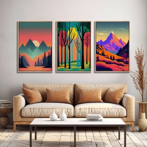 Mid Century Modern Wall Art, Framed Wall Art, 3 Piece Wall Art Canvas Prints, Abstract Art Prints, Modern Wall Decor, Retro Style Art