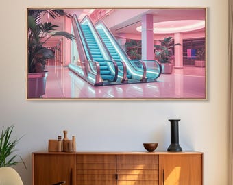 The Mall Before Opening On A Saturday Morning, Framed Canvas Print, Retro Vaporwave Aesthetic 1980s Vibes Wall Art