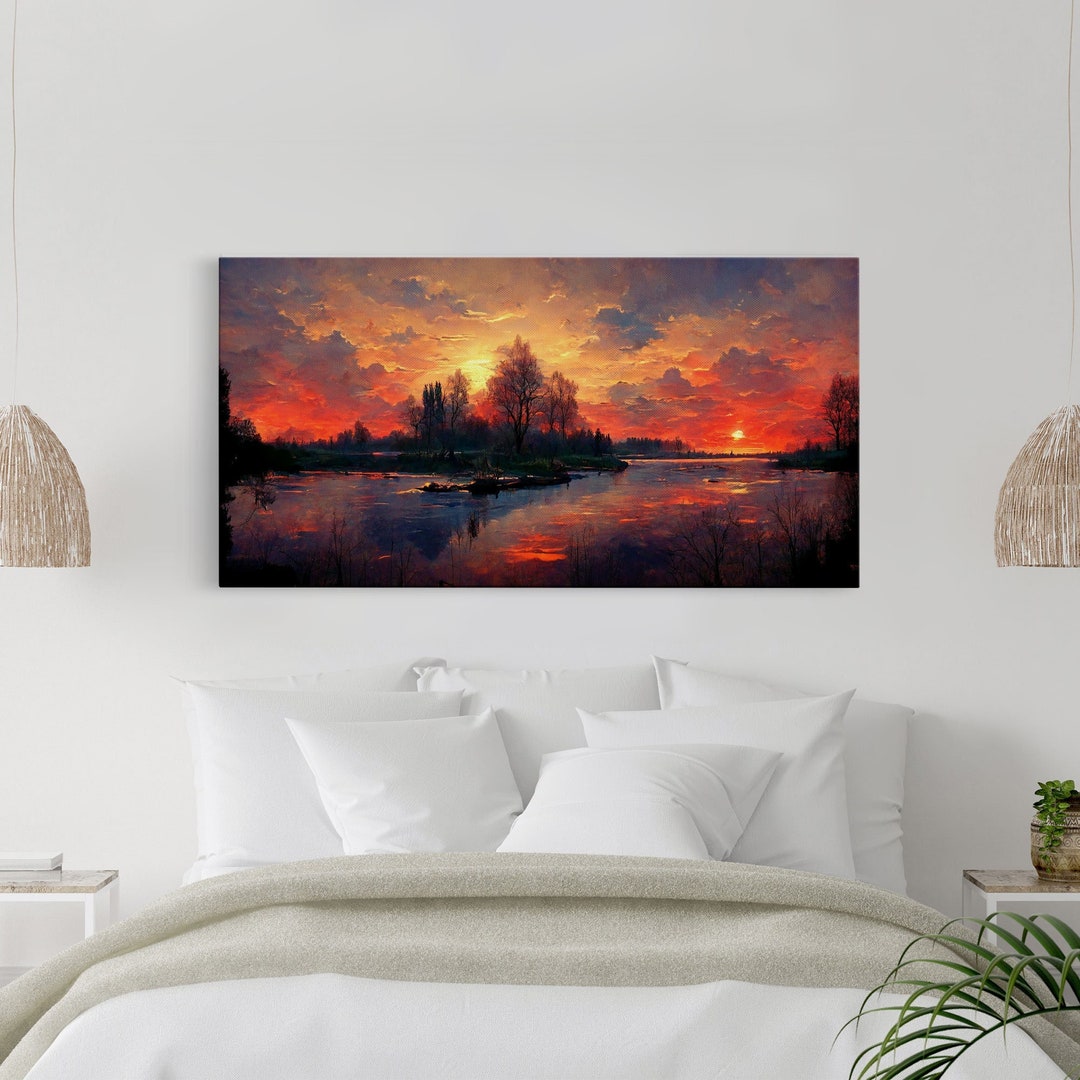 Lake Sunset Oil Painting on Canvas, Canvas Print, Ready to Hang Gallery ...