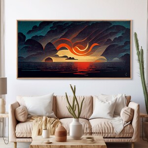 Abstract art deco sunset canvas print, sunset over the vast ocean, living room art