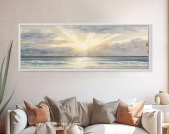 Whimsical Beach Sunset Art Watercolor, Framed Canvas Print, Panoramic Lakehouse Art, Light Pastels, Ultra Wide Format Above Bed Art