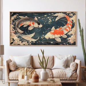 Feng Shui Koi Fish Art, Zen Art, Yin and Yang, Framed Canvas Print, Japanese Style Art, Watercolor Fish Art, Koi Print, Koi Painting image 2