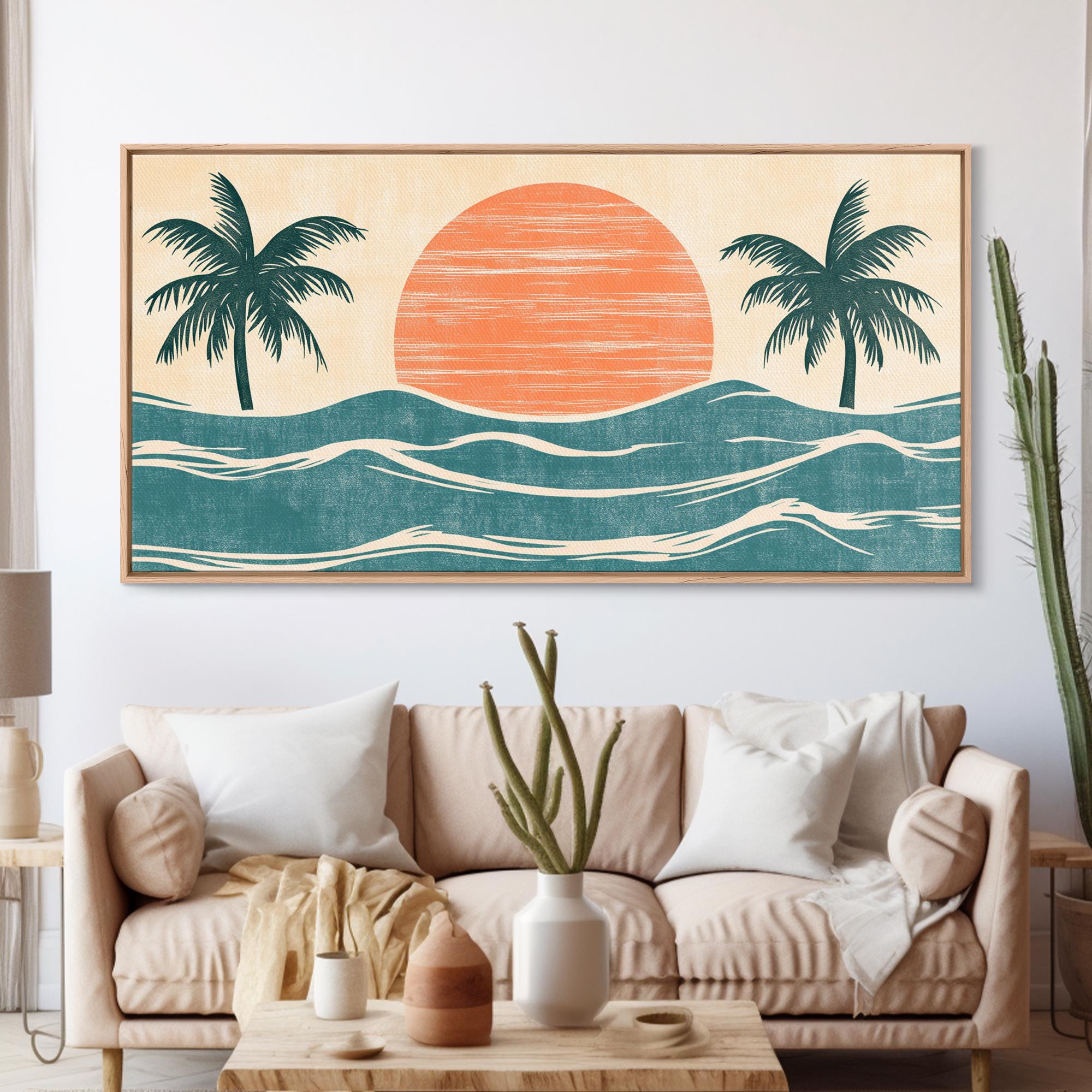 Japanese Wood Block Print Style Sunset and Palm Trees, Framed