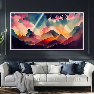 Mountain Artwork Canvas Print, Horizontal Wall Art, Large Watercolor Painting, Panoramic Mountain Print, Modern Landscape Art, Original Art