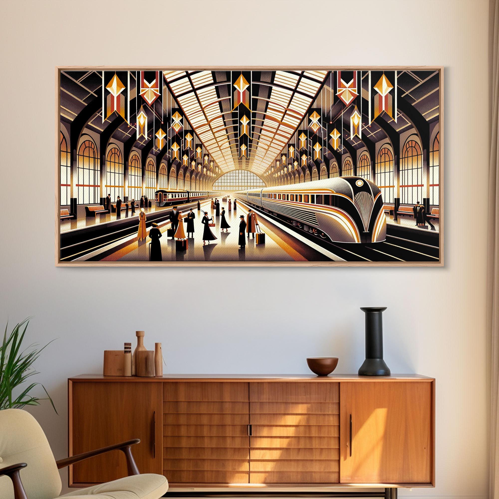 Art Deco Train Station - Retro Decor - Framed Canvas Print