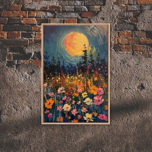 Full Moon Above The Wildflowers, Framed Canvas Print, Woodland Art, Mystical Full Moon Oil Painting, Flowers & Trees, Enchanted Wildflowers