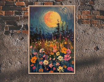 Full Moon Above The Wildflowers, Framed Canvas Print, Woodland Art, Mystical Full Moon Oil Painting, Flowers & Trees, Enchanted Wildflowers