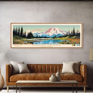 Mount Rainier National Park Panoramic Washington Travel Art, National Park Print, Minimalist Travel Art, Midcentury Modern Style Landscape