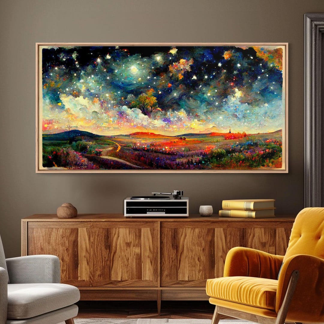 A Night Starry Sky Landscape on Canvas, Framed Canvas Print, Extra ...