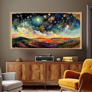 Paisaje nocturno estrellado sobre lienzo, impresión en lienzo enmarcada, arte de pared extragrande, decoración de pared lista para colgar, arte abstracto para sala de estar sobre el sofá