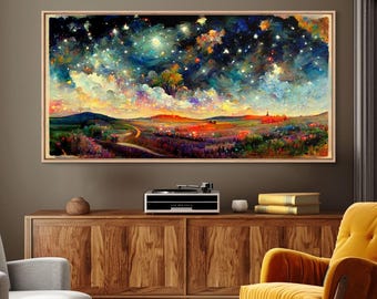 A Night Starry Sky Landscape On Canvas, Framed Canvas Print, Extra Large Wall Art, Ready To Hang Wall Decor, Living Room Above Sofa Abstract
