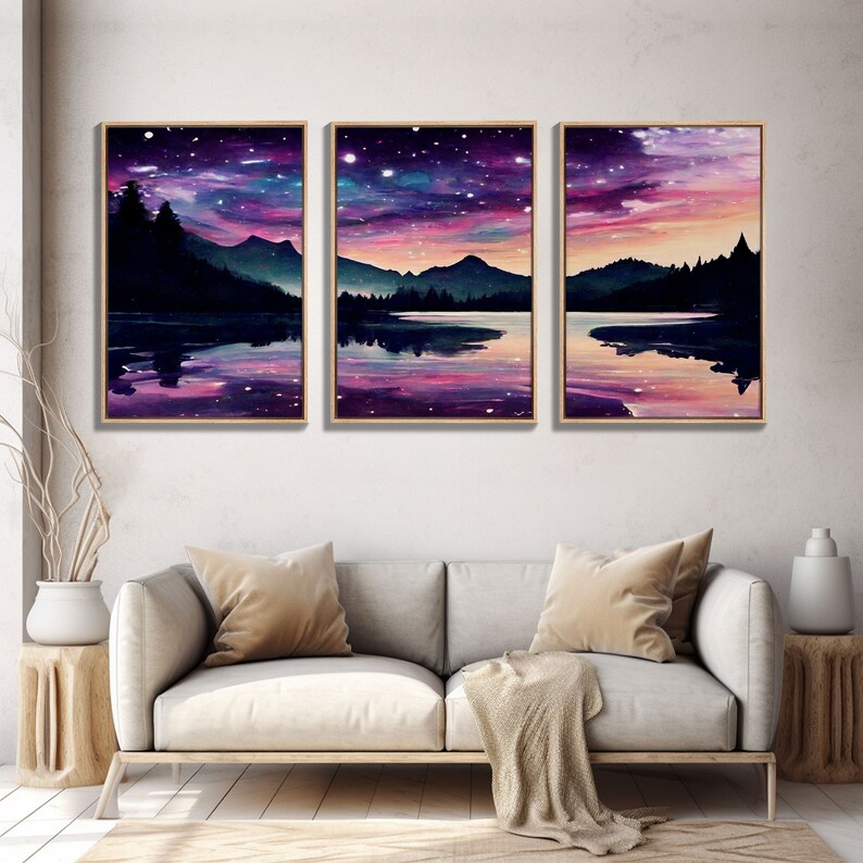 Fantasy Starry Night Magical Forest Landscape, 3 Piece Wall Art, Ready To Hang Canvas Print, Cool Unique Living Room Wall Art Decor image 4