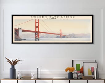 Golden Gate Bridge Travel Art Framed Canvas Print, America, Home Decor, Travel Poster, Vintage Wall Art, Panoramic Watercolor Painting