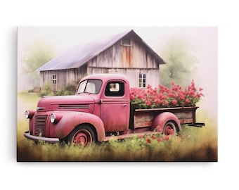 Old Pink Truck Used As a Flower Bed, Framed Canvas Print Or Poster, Rustic Farmhouse Decor, Primitive Art, Country Home Art