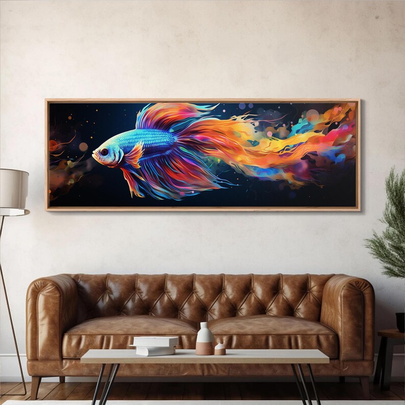 Pintura de pez Betta, arte mural, impresión en lienzo enmarcado, pez luchador siamés, arte mural de acuario, pintura colorida de pez mascota imagen 2