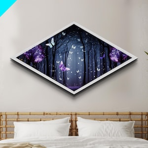 Enchanted Forest Glow - Diamond Shaped Canvas Art Print with glowing butterflies, dreamy purple woodland, fantasy wall decor, nightscape art
