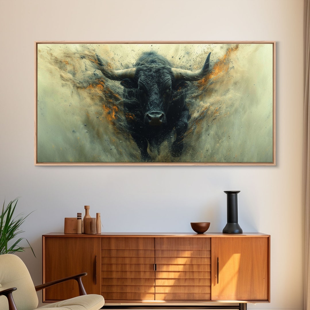 The Angry Bull Framed Canvas Print, Western Decor, Running of the Bull
