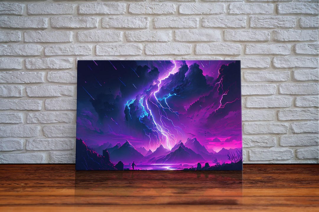 The Lightning Storm, Framed Canvas Print, Synthwave Style Fantasy Art ...