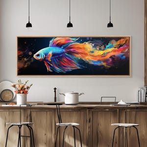 Pintura de pez Betta, arte mural, impresión en lienzo enmarcado, pez luchador siamés, arte mural de acuario, pintura colorida de pez mascota imagen 3