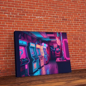 Neon Arcade, unique game room art, Retrowave arcade machine art, framed canvas print, framed wall art | Wall Art