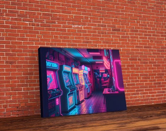 Neon Arcade, unique game room art, Retrowave arcade machine art, framed canvas print, framed wall art | Wall Art