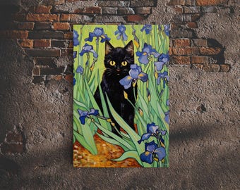 Vincent Van Gogh Inspired Irises Black Cat Wall Art, Framed Canvas Print, Poster Art, Funny Cat Print, Funny Gift, Home Decor Wall Art
