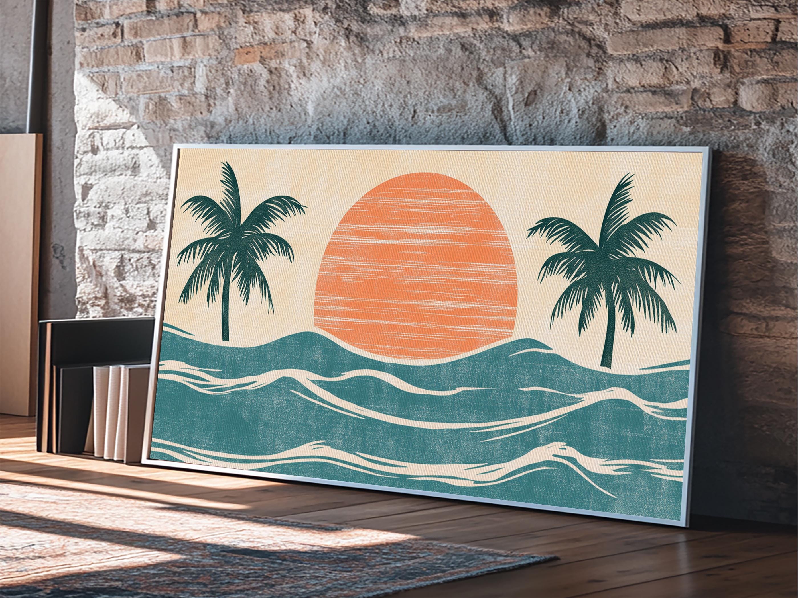 Japanese Wood Block Print Style Sunset and Palm Trees, Framed