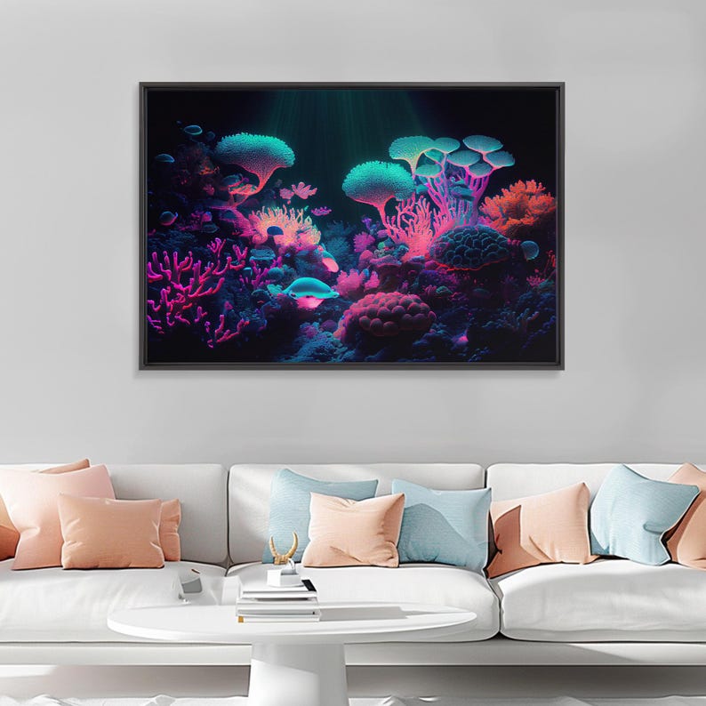 Coral Reef art, synthwave aesthetic ocean art, framed canvas art, framed wall art canvas print image 3