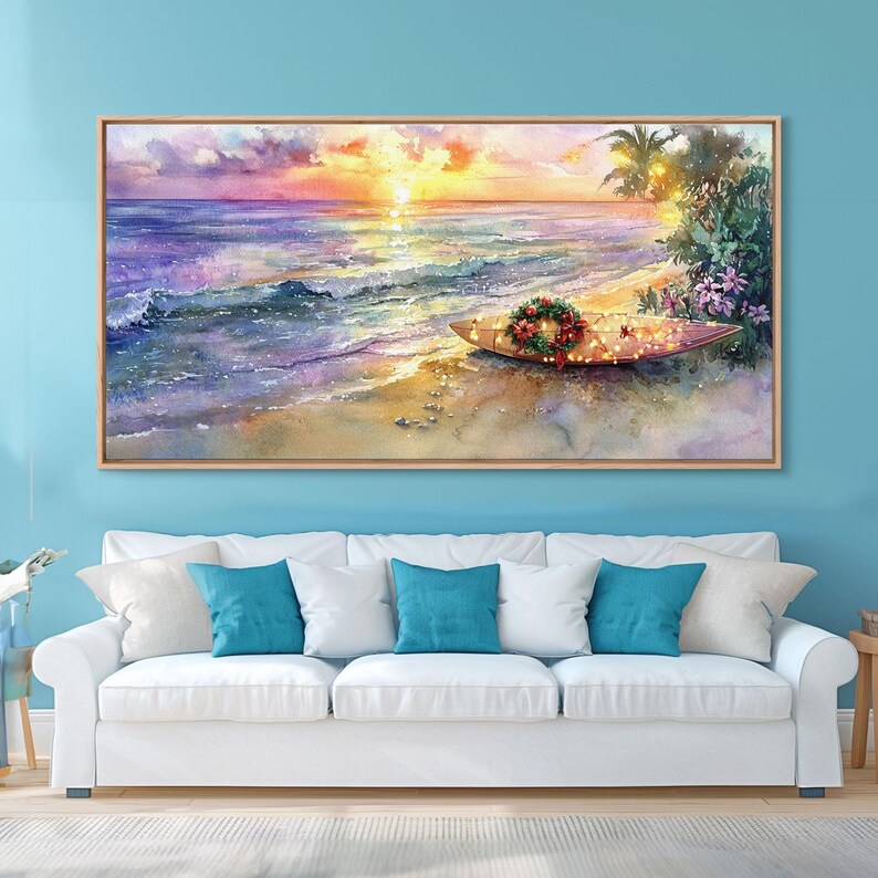 Christmas Surfboard Beach Decor Canvas Print Tropical Coastal Christmas