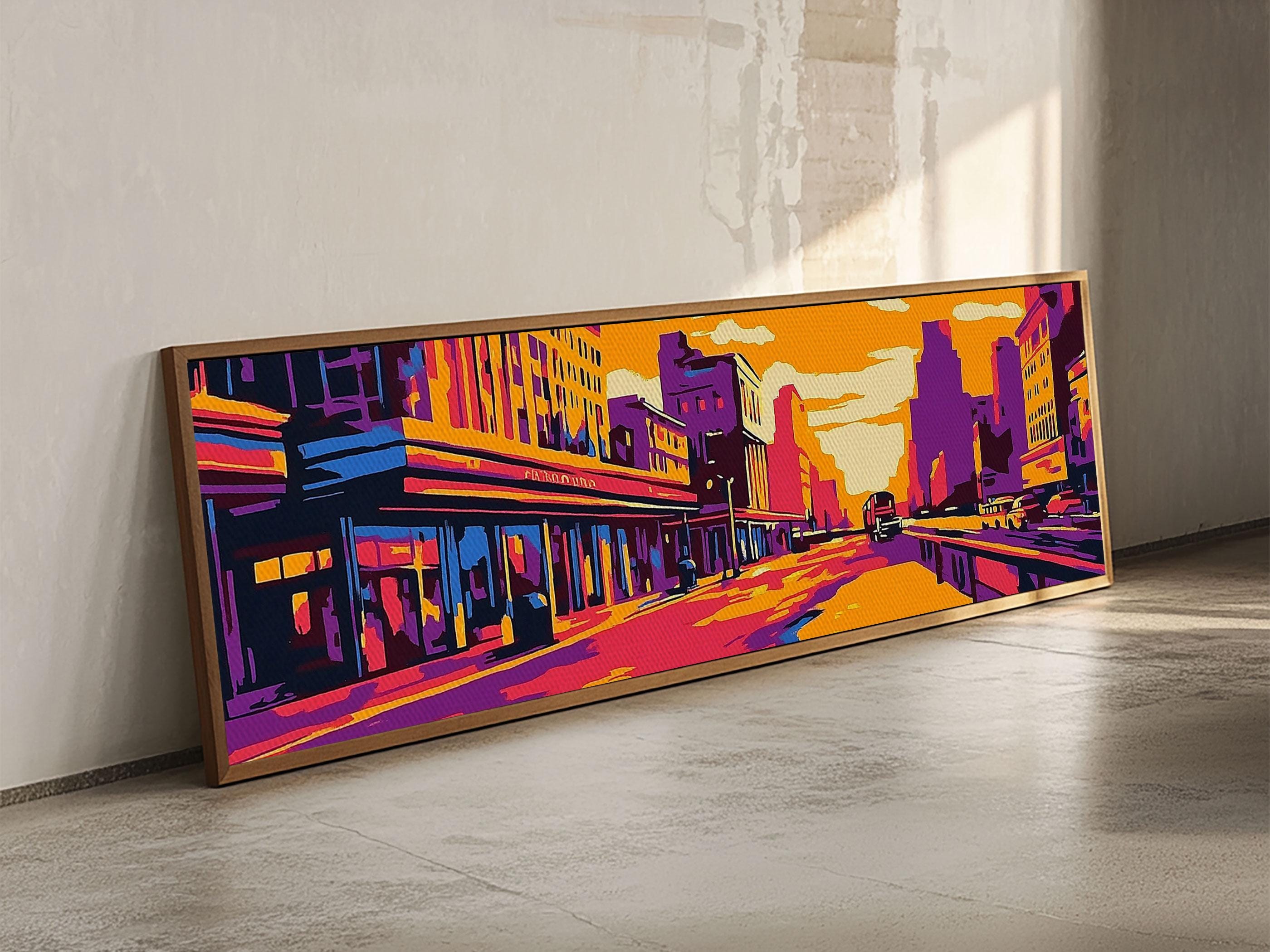 Vibrant Cityscape, urban art, pink orange wall art, colorful city, graffiti wall art, modern decor, extra wide art, canvas print