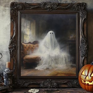 The Ghost Sits On The Sofa, Framed Canvas or Canvas Print, Gothic Victorian Halloween Painting, Cool Halloween Decor image 14
